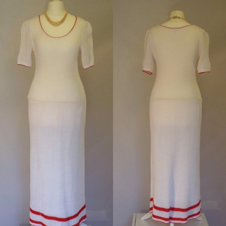 leisure-chic dress FIGURE HUGGING Vintage 1980/'s dress stretch cotton dress with red trim: UK 8-10 white knitted dress