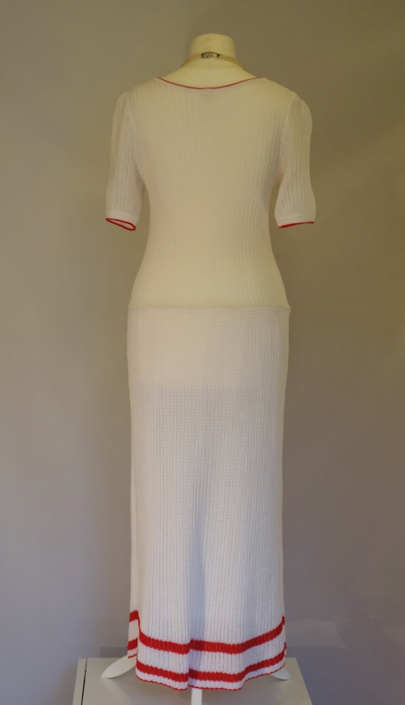 leisure-chic dress FIGURE HUGGING Vintage 1980/'s dress stretch cotton dress with red trim: UK 8-10 white knitted dress
