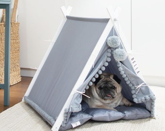 Gray Pet Teepee Bed with Pompom Trim, Personalized Dog/Cat Crate