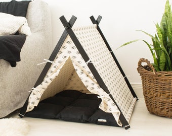 Desert dog teepee tent. Black and beige pet teepee bed. Foldable dog bed. Unusual pet gift. Bunny teepee bed. Guinea pig house. Cat teepee