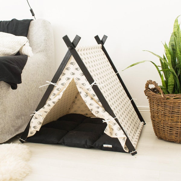 Desert dog teepee tent. Black and beige pet teepee bed. Foldable dog bed. Unusual pet gift. Bunny teepee bed. Guinea pig house. Cat teepee