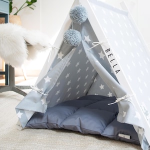 Dog and cat teepee bed. Star gray teepee pet teepee tent. Personalized dog bed. Personalized gift for dog lover. Frenchie, pug teepee