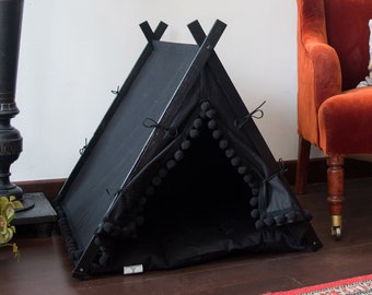 Black dog bed with pom-poms. Boho Chic dog teepee tent. Bohemian french style pet teepee bed. Solid black dog bed.