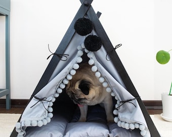 Boho Dog Teepee Bed with Pom Poms, Gray Pet Tent - Pug Gift