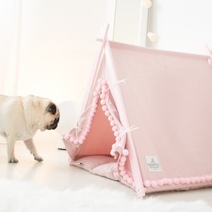 Baby pink dog teepee. Boho chic candy pink pet teepee bed. Personalized dog bed. Bohemian cat teepee with pom poms. Barbie dog bed
