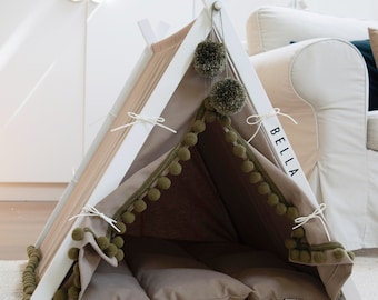 Boho Khaki Dog Teepee Bed. Personalized Pug, Frenchie Gift. Custom Japandi Pet Tent