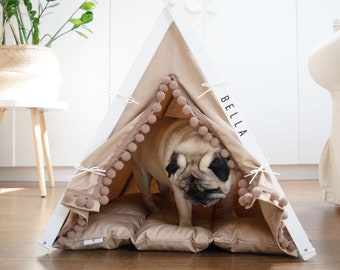 Beige Pet Teepee Bed, Personalized Cat Tent. Collapsible Dog House
