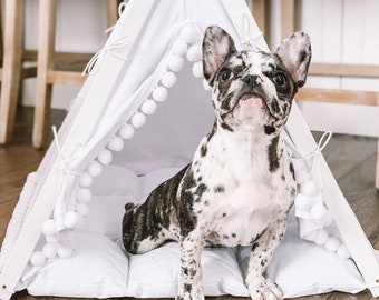 Personalized White Dog Teepee Bed with Pompoms XS - XXL size