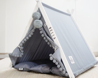 Rainy gray pet teepee bed. Dog cat pompom bed. Portable boho pet house. Personalizable dog gift. Personalizable boho gift for cat