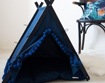 Navy Dog Teepee Tent with Pompom Trim, Boho Cat and Pet Bed