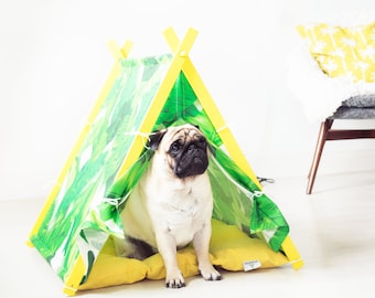 Tropical dog teepee. Vibrant banana leaf dog bed - Botanical print with yellow frame dog teepee tent. Eclectic pet bed.