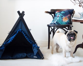 Navy pet bed. Boho chic dog teepee tent. Dog and cat teepee bed with pom poms. Bohemian navy pet teepee house.
