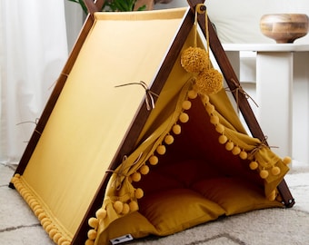 Dog teepee with bed. Indoor pet house. Cat tipi with pompoms
