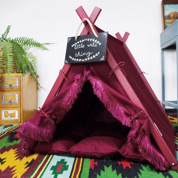 Fringe pet teepee tent with mat. Burgundy dog bed. Dog bed for large dogs. XL dog bed. Boho dog wigwam. Bunny house. Guinea pig house.