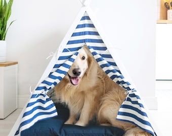 Striped Dog Teepee: Personalized Blue & White Large and Small Pet Tent Bed