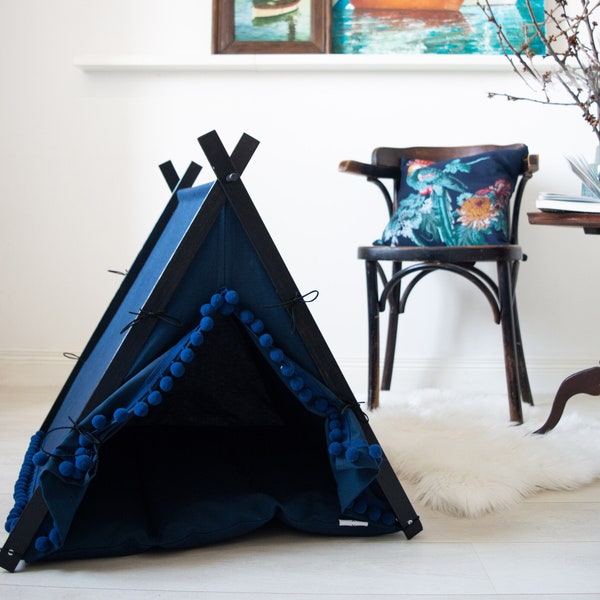 Navy pet bed. Boho chic dog teepee tent. Dog and cat teepee bed with pom poms. Bohemian navy pet house. Large blue dog bed with pompoms
