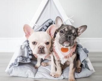 Gray Pet Teepee Bed with Pompoms, Personalized Boho Dog Cat Cave