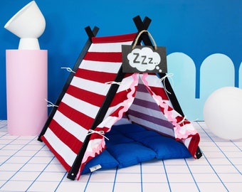 Pet teepee bed - ETTORE. Memphis style. Dog teepee tent. Frenchie pug house. Red stripes blue mat dog bed. Dog bed large dogs