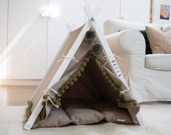 Boho khaki dog teepee bed. Personalized pug, frenchie bed. Custom dog tent. Dog Gift. Small/Medium/Large/XL Size. Scandi Boho Style.