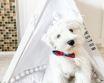 Personalized White Dog Teepee Bed with Pompoms XS - XXL size