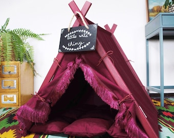 Tipi bohemio para mascotas con flecos, color burdeos, para perros pequeños, grandes y XXL