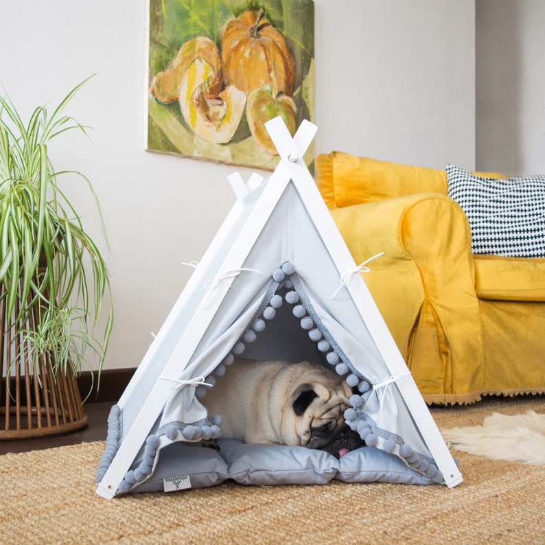 Boho Gray Dog Teepee Bed With Pom Poms. Personalized Pet Etsy