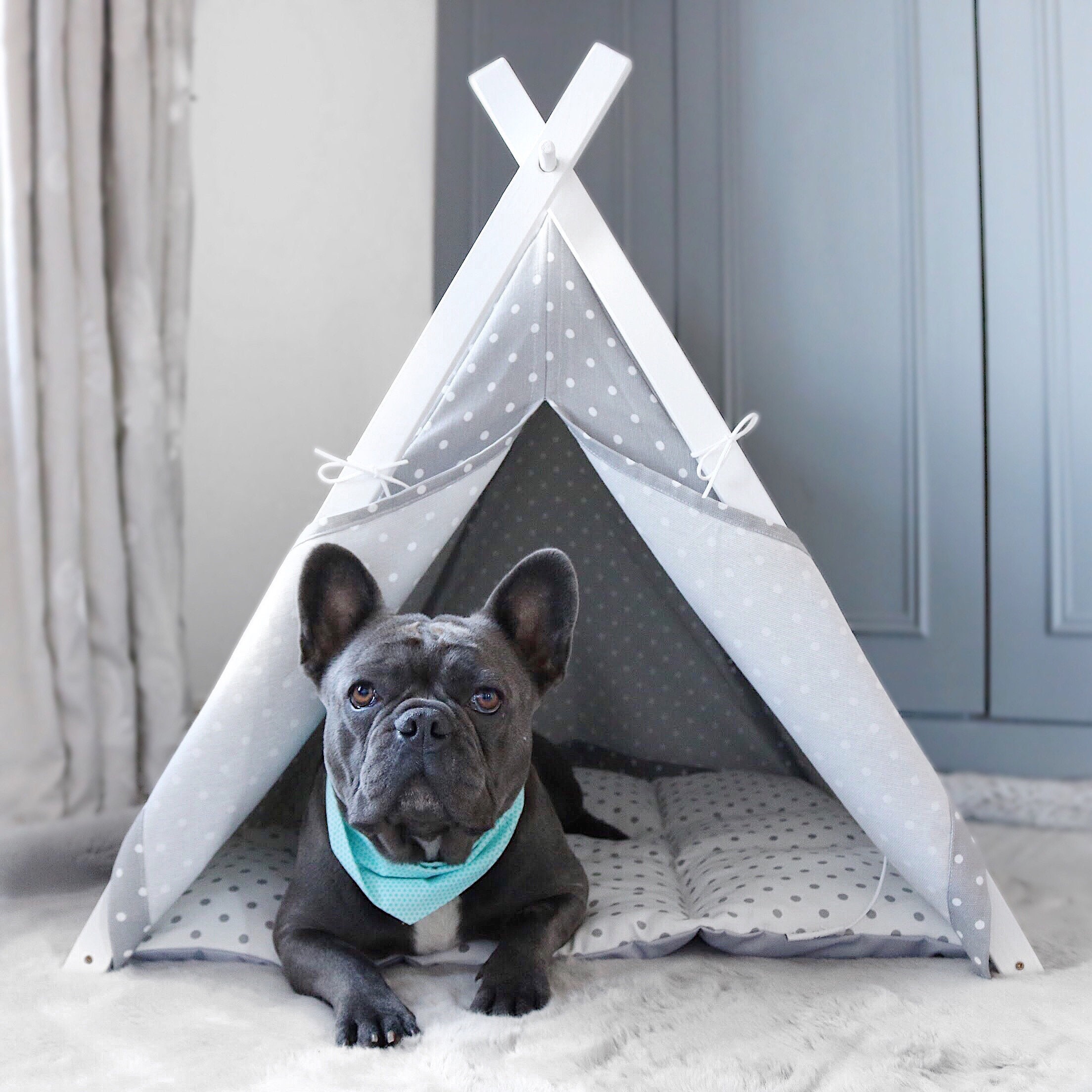 Dog teepee. White Dot teepee tent Gray Dot cushion. Etsy
