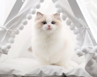 White Cat Teepee Bed. Personalized Cat Cave. Custom Pet Tent. Kitten Furniture