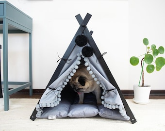 Boho Dog Teepee Bed with Pom Poms, Gray Pet Tent - Pug Gift