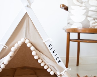 Personalized Pet Teepee Bed, Beige Pompom Tent, Dog Cat Gift