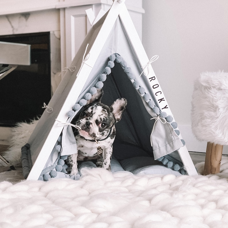 Boho Gray dog teepee bed with pom poms. Personalized pet image 3