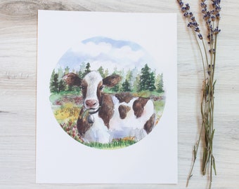 Grazing Cow Watercolor Print / Cow Art / Cow Watercolor / Farm Art / Livestock / Lacy Llama