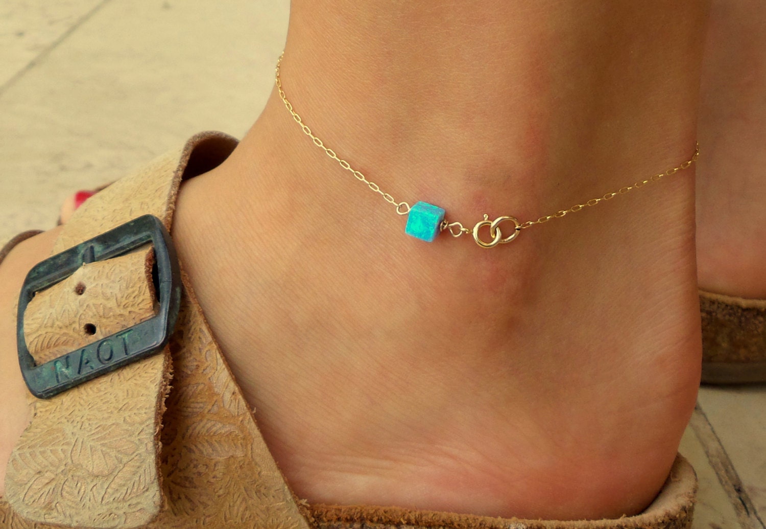 Opal Anklet / Box Opal anklet / Gold Bracelet / Foot Jewelry/ Etsy