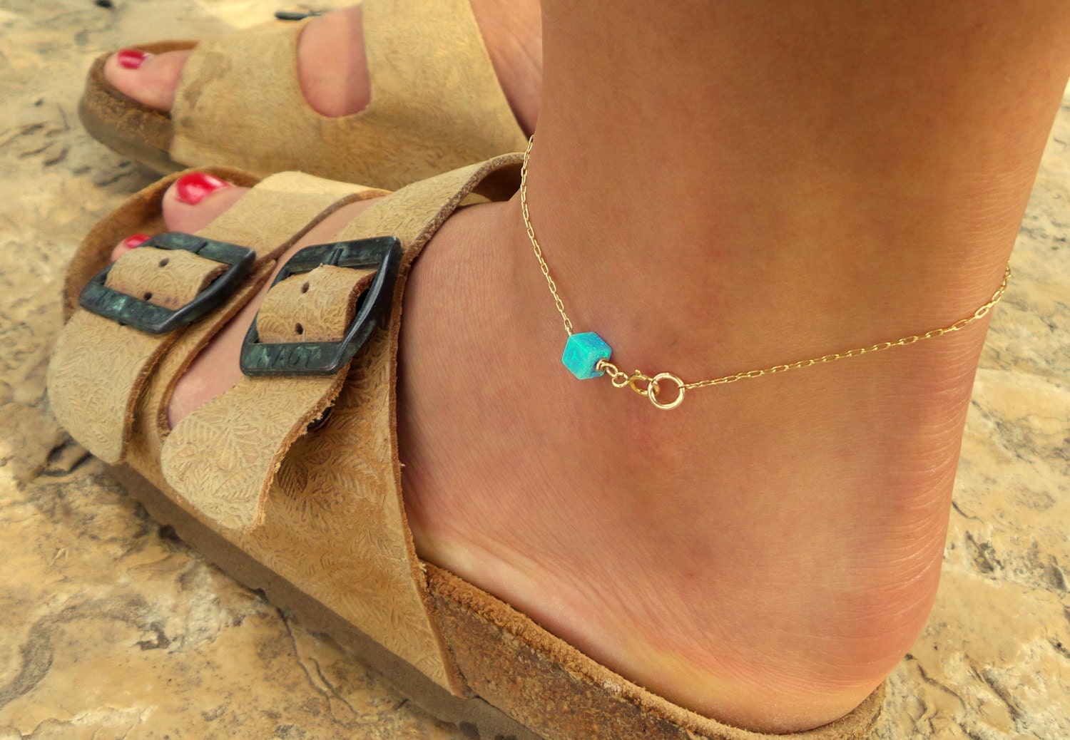Opal Anklet / Box Opal anklet / Gold Bracelet / Foot Jewelry/ Etsy