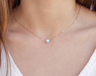 Opal necklace / Charm necklace / Gold, Sterling silver chain / Tiny One 5mm White - Blue Opal / Gift for her / Delicate necklace