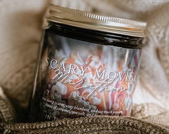 Scary Movie Marathon Candle - Cozy Caramel Popcorn & Sweet Dessert Halloween Gift