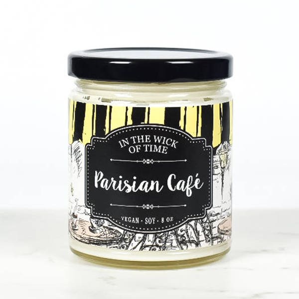 Vela de soja con aroma a café parisino, caramelo y croissants con mantequilla - Inspirada en "Yo antes de ti" - Tarro para amantes de la literatura - Regalo vegano hecho a mano