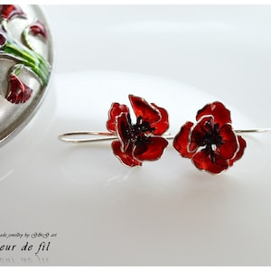 Handmade Earrings - "Poppies", Sterling silver Earrings, Copper wire, Crystal resin Earrings, Red Earrings