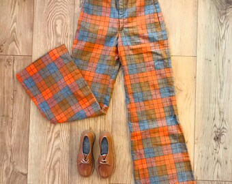 orange tartan trousers