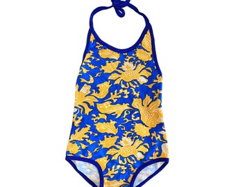 70's Blue / Yellow Printed  Swimming Suit / 5-6Y and 6-8Y