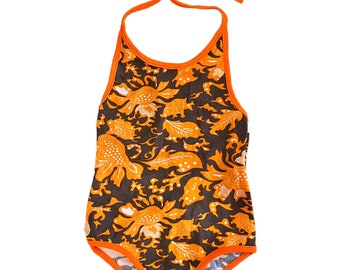 70's Brown / Orange Printed  Swimming Suit / 5-6Y and 6-8Y