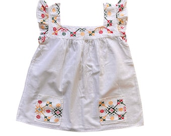 Vintage 1970s White Boho Folk Embroidered Top 10-12 Years