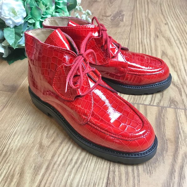 Deadstock 1970's Children's Red Patent Leather Low Boots  Made in France EU34