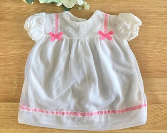 60's White/Pink Ribbons  Sheer Dress British Made 6-9 Months