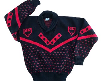 Vintage 1970's Red Black Shawl Jumper 5-6 Years