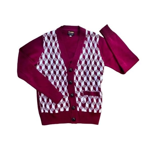 Vintage 1970's Dark Red  Houndstooth Cardigan / Te