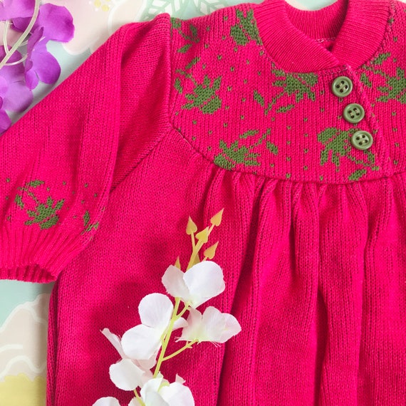 Vintage Deadstock 70's Pink/Green Knitted Baby Dr… - image 2