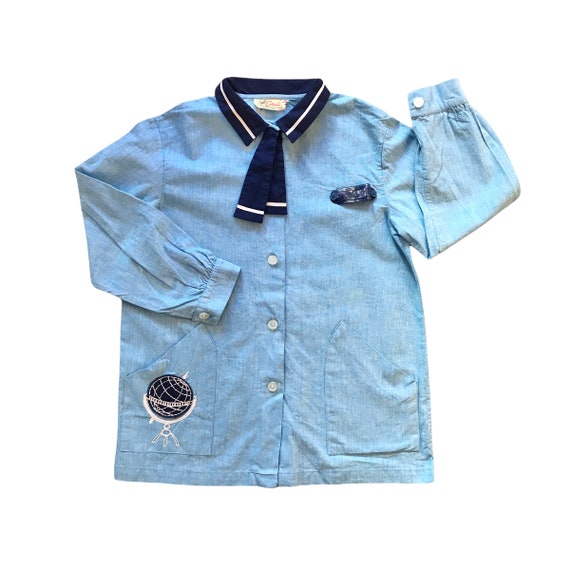 French Vintage 1960s Blue Nautical Over Shirt / Blouse 6-8Y