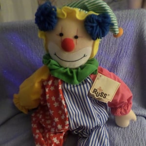 Clown plush Russ NWWTS orange shoes name is Chuckles Blue Hair red nose 18&quot;