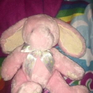 Vintage First & Main Bunny plush Pink Snuggle Tulips on Ribbon Cream chenille under ears on Feet 14&quot; ECU